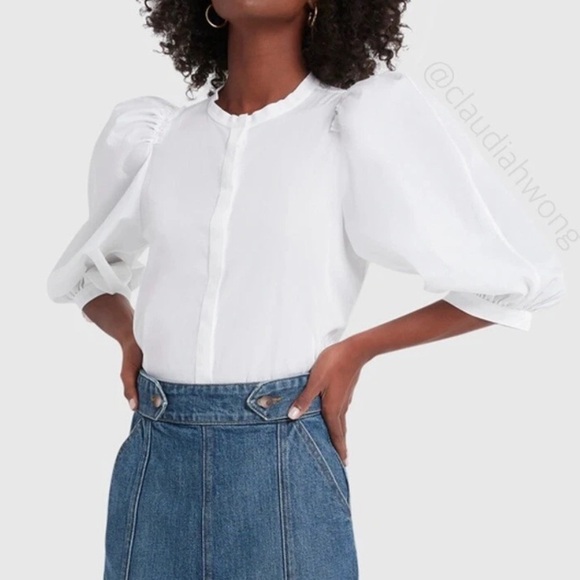 G. Label by Goop Tracy Puff Sleeve White Button Down Cotton Shirt Top Sz 6 - Picture 2 of 6